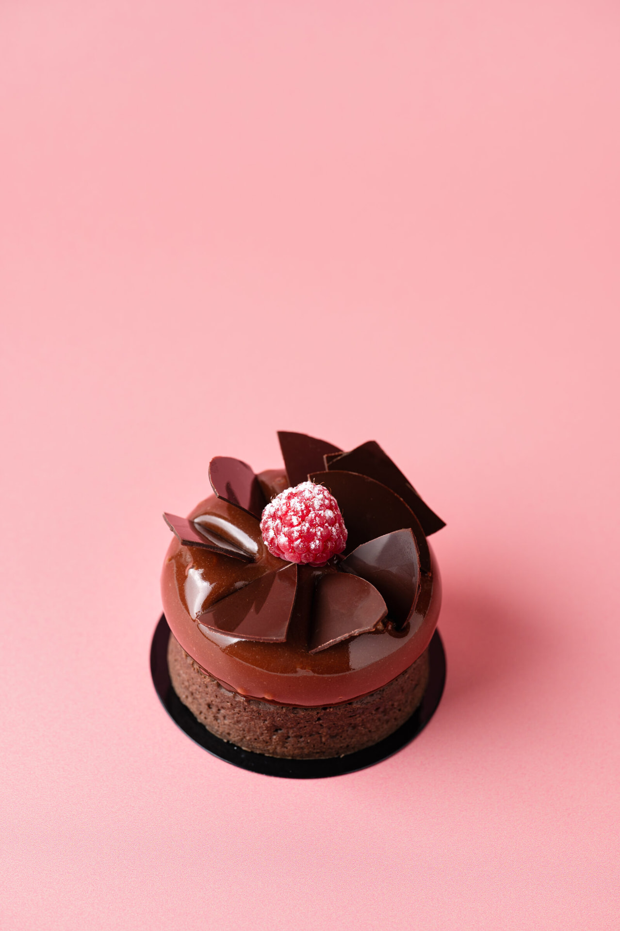Chocoladedome met chocoladedecoratie en framboos